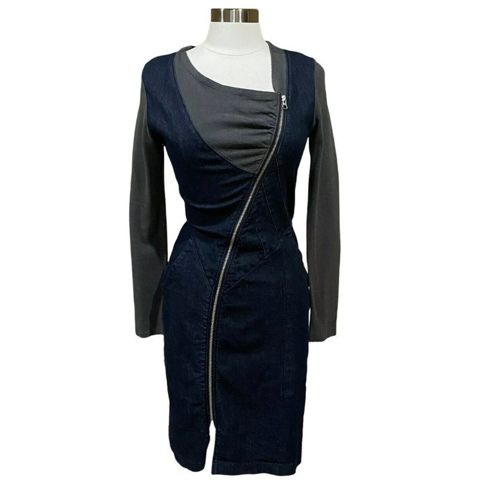 Prairie Underground Denim Dress Blue Size M Zipper Front Long Sleeves